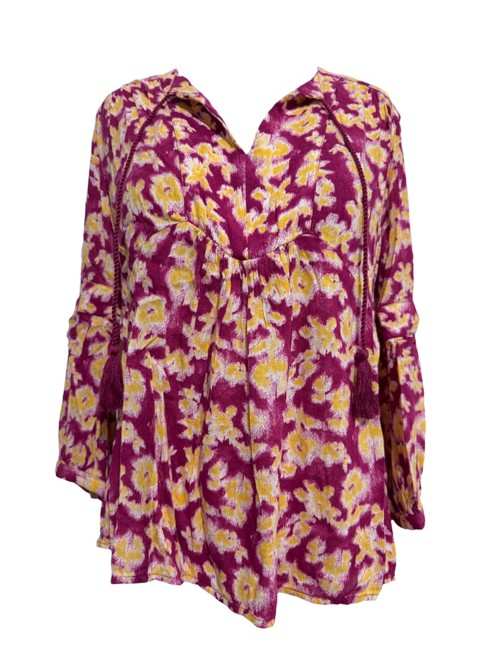 Caslon V-Neck Floral Peasant Blouse Tassels 3/4 Sleeve Top XSMALL Magenta Yellow